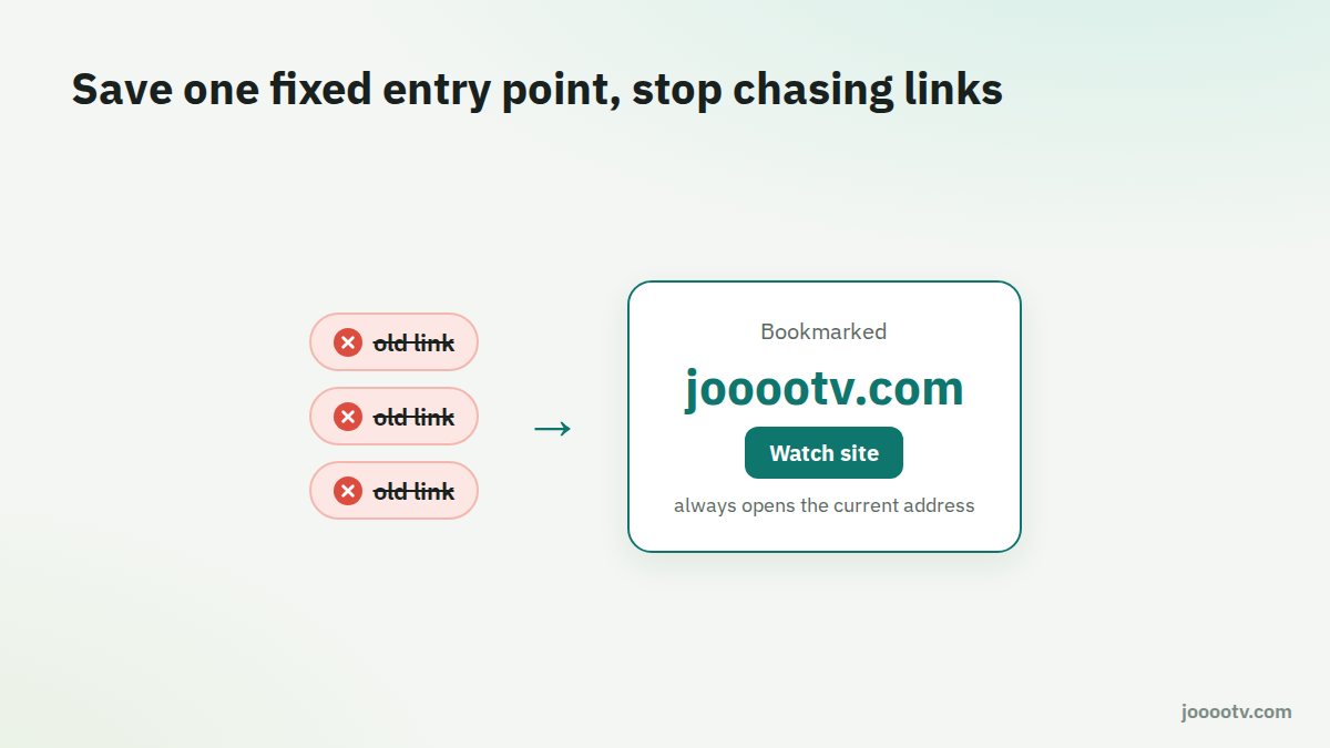 Instead of chasing old links, bookmark jooootv.com: its Watch site button opens the current address