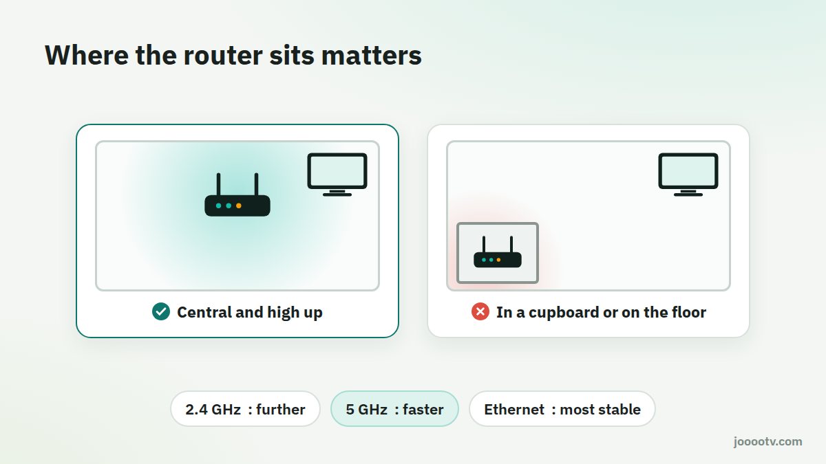 Router placement decides signal strength: central and high beats a cupboard or the floor
